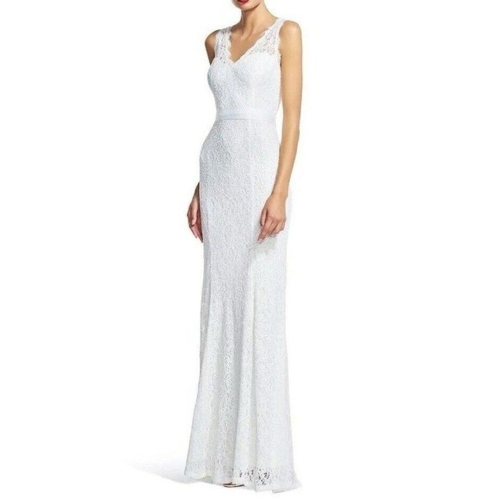 ADRIANNA PAPELL women’s ivory Sleeveless v neck Lace Evening Dress gown size 14